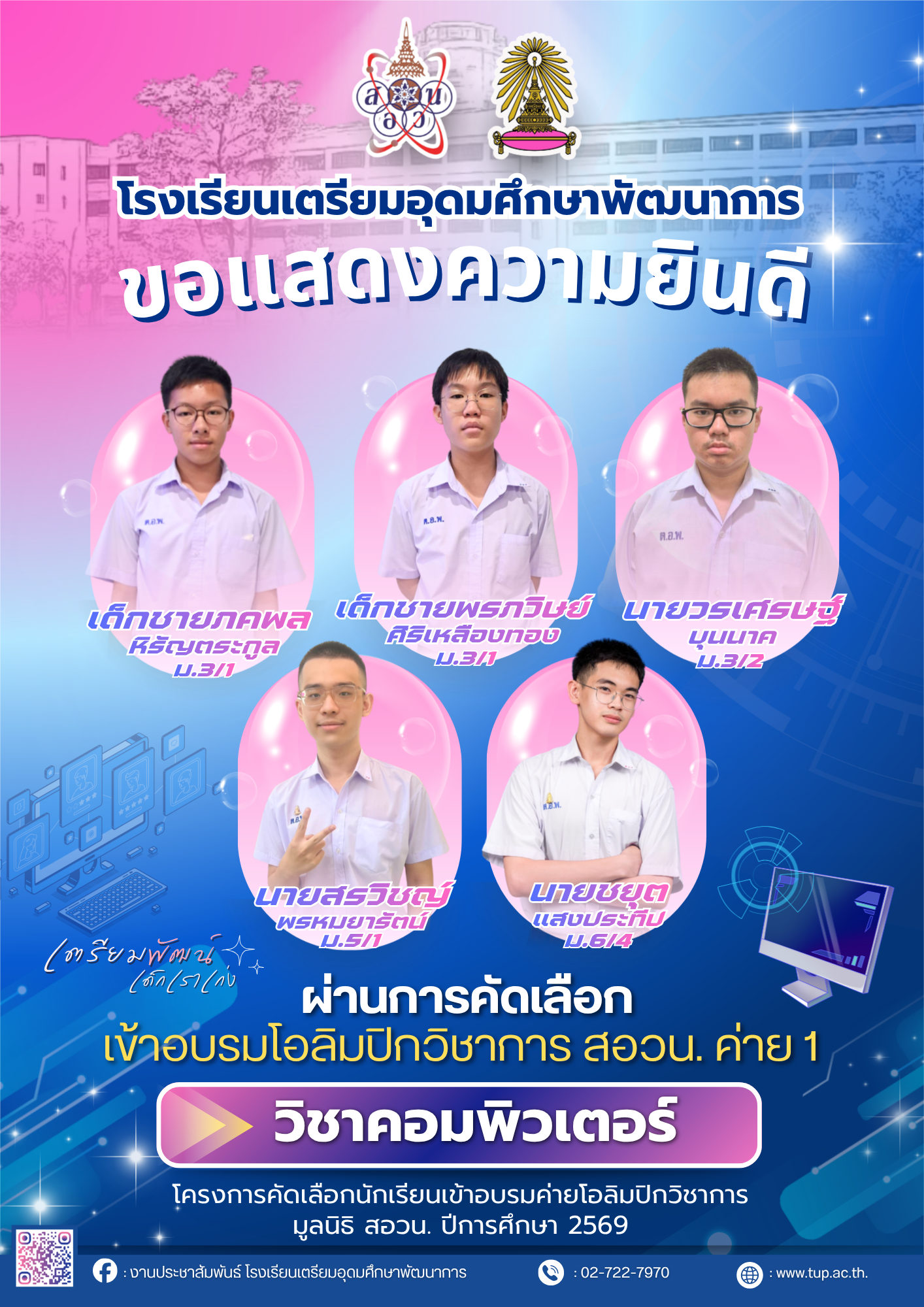 ขอแสดงความยินดีกับนักเรียนที่ผ่านการคัดเลือกเข้าอบรมสอวน. วิชา คอมพิวเตอร์ ค่าย 1
